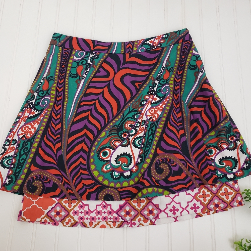 Odille Anthroplogie Skirt Boho Layered Skirt Teal Purple Paisley size 2 Cotton